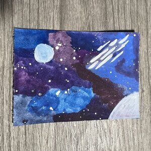 Original ACEO Art Card Meteor Shower Space Scene Vibrant Cosmic Inktense